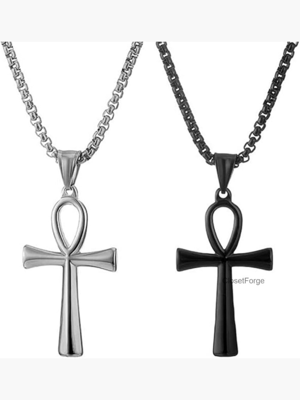 Stainless Steel Ankh Cross Pendant Necklace Set - Religious Egyptian Gothic